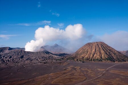 Mount Bromo, an active volcano with clear blue sky at the Tengger Semeru National Park in East Java, Indonesia.の写真素材
