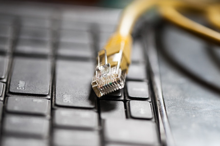 Network cable on computer keyboardの写真素材