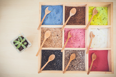 Colorful of fertilizer in wooden boxの写真素材
