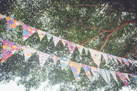 Colorful flags in gardenの写真素材