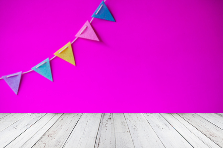 Empty wood Shelf on colorful flags  backgroundの写真素材
