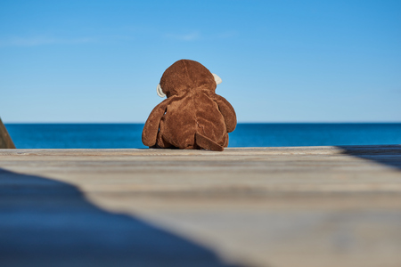 Close-up of a sad brown toy monkey and alone sitting on a wooden ladder going down to the beach looking pensively in the background to the sea with a blue skyの写真素材