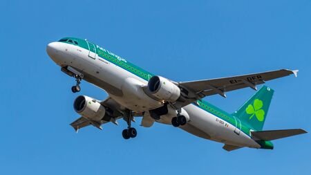 Berlin, Germany, 15.07.2018: Aer Lingus Airbus A320 aircraft flying in the sky, Tegel Airportのeditorial素材