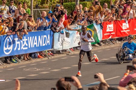 Berlin, Germany, 16.09.2018: BMW Berlin-Marathon 2018. First place men Eliud Kipchoge, Kenya. World record winnerのeditorial素材