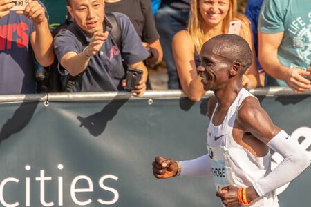 Berlin, Germany, 16.09.2018: BMW Berlin-Marathon 2018. First place men Eliud Kipchoge, Kenya. World record winnerのeditorial素材
