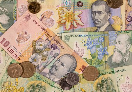 A composition of Romanian leu banknotes and coins providing great options to be used for...