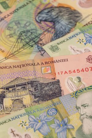 A composition of Romanian leu banknotes providing great options to be used for illustrating subjects...