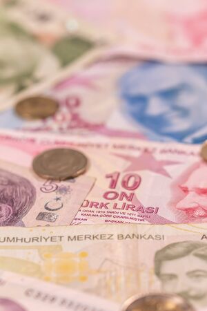 A composition of Turkish lira TL. TRY banknotes and coins providing great options to be used for...