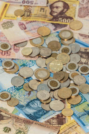 A composition of Hungarian forint. HUF banknotes and coins providing great options to be used for illustrating subjects as business, banking, media, presentations etc.の写真素材