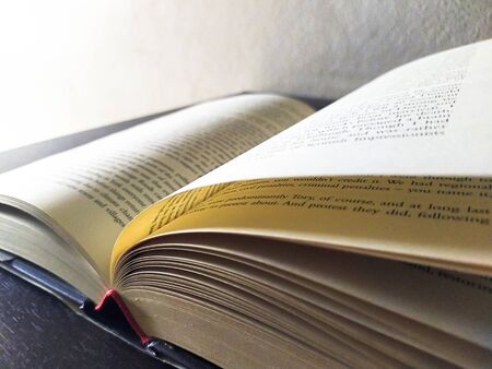 Old open book on desk with daylight