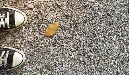 Top view of sneakers on groundの写真素材