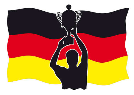 Silhouette of a winner with cup in front of german flagの写真素材