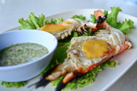 Grilled shrimp with shrimp eggs in the head  , Asian style food , Thailandの写真素材