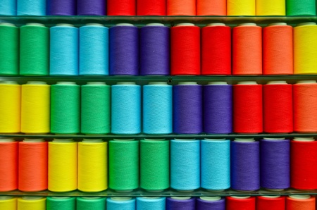 Assorted threads of colorful yarnの写真素材