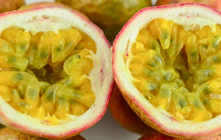 Passion fruit isolated on white backgroundの写真素材