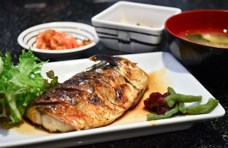 Japanese food style , Saba fish grilled set with rice