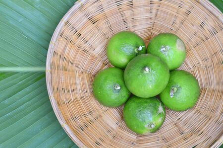 Fresh limes in basketの写真素材