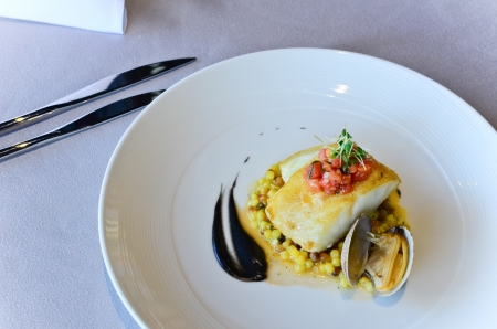 Seared Atlantic Cod, Fregola Sarda, Black Garlic   Vongole