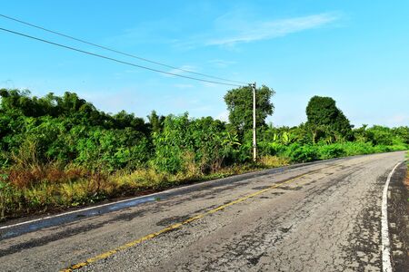 wet and old asphalt road in countryside in thailandの写真素材
