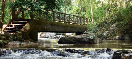 bridge over Chae Son waterfall in Chae Son National Park in Lampang Province, Thailandの写真素材