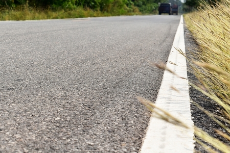 grass beside old and dirty white line on asphaltの写真素材