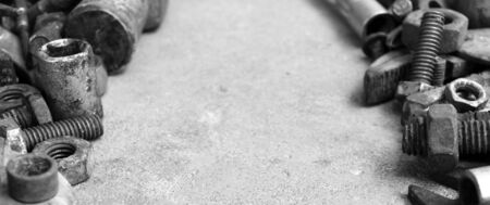 many rust steel on cement ground in black and white photographyの写真素材