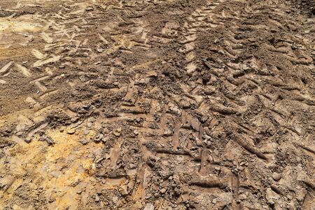 lots tire track on soil for backgroundの写真素材