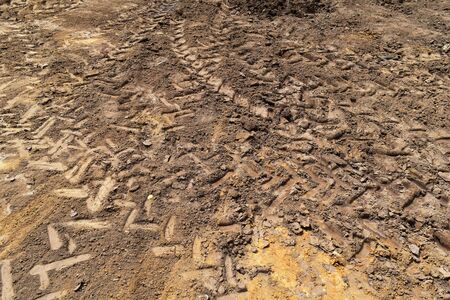 lots tire track on soil for backgroundの写真素材