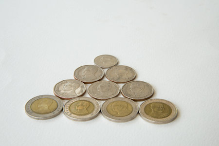 Group of coins, Thai baht on white background.の写真素材