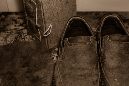 leather classic style shoes in sepia tone.の写真素材