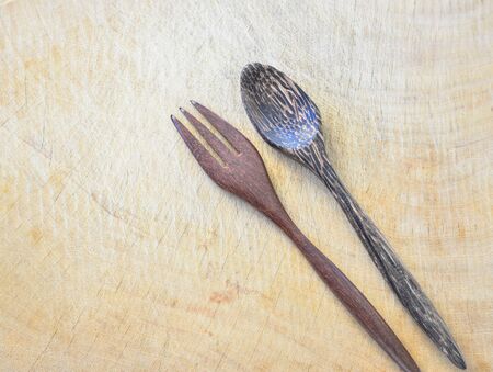 wood spoon on wood backgroundの写真素材