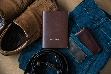 Men fashion on wood texture.の写真素材