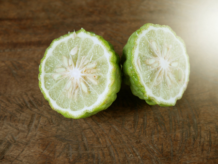 fresh bercamot on wood texture.の写真素材