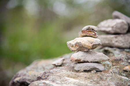 Close up stone on green nature background.