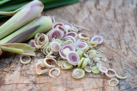 Fresh green lemongrass on cutting board in cooking concept.の写真素材
