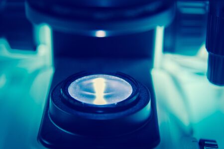 Close up objective lens microscope in laboratory.の写真素材