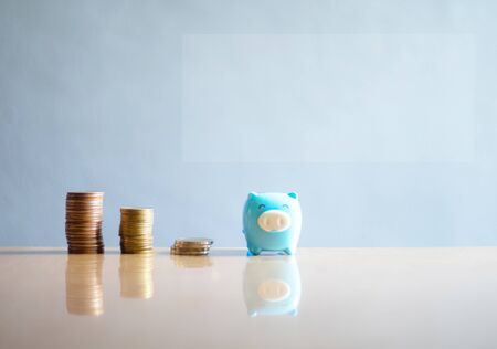 Group of coin with blue pigin saving money concept.