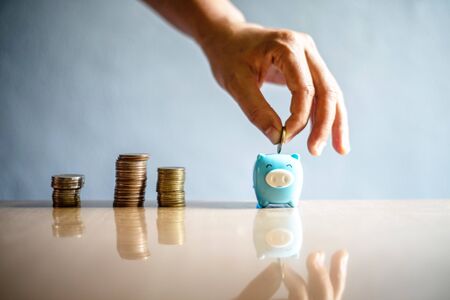 Group of coin with blue pigin saving money concept.の写真素材