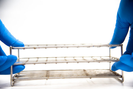 Hand in blue glove scientist testing in laboratory.の写真素材