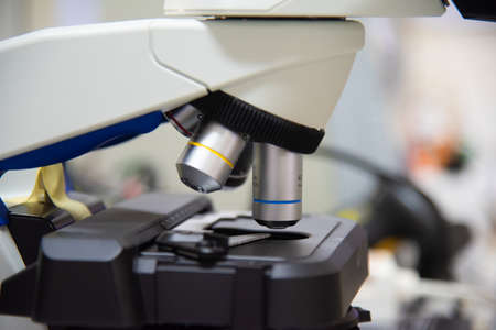 MIcroscope in laboratory with blur  background.Laboratory concept.