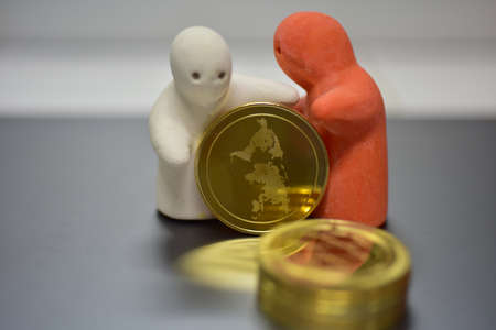 Close up coins of cryptocurrency market.