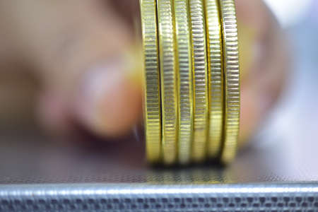 Close up coins of cryptocurrency market business exchange and finance concept.