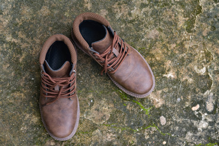 Brown shoes leather on  floor.Men fashion.の写真素材