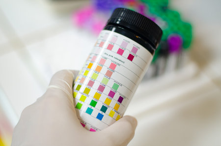 Urine strip with scientist in laboratory.の写真素材