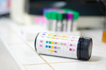 Urine strip with scientist in laboratory.の写真素材