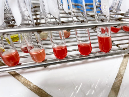 Fresh blood in test tube blood bank.