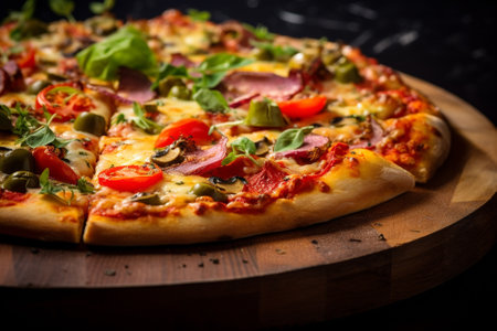 Close up pizza on wood plate.Generative by AI.の素材