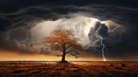 Lightning on the dark sky.AI generated.の素材