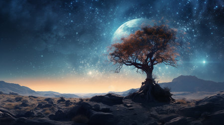 Milky way with super moon.AI generative.の素材
