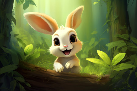 Rabbit cartoon on green background.AI generative.の素材